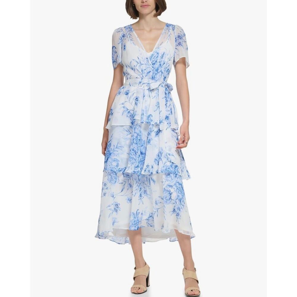 Calvin Klein Blue & White Floral Tiered Midi Dress Size 2